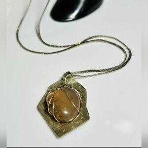 Vintage Artesian 925 Sterling Silver Amber Stone Pendant Necklace 24”
